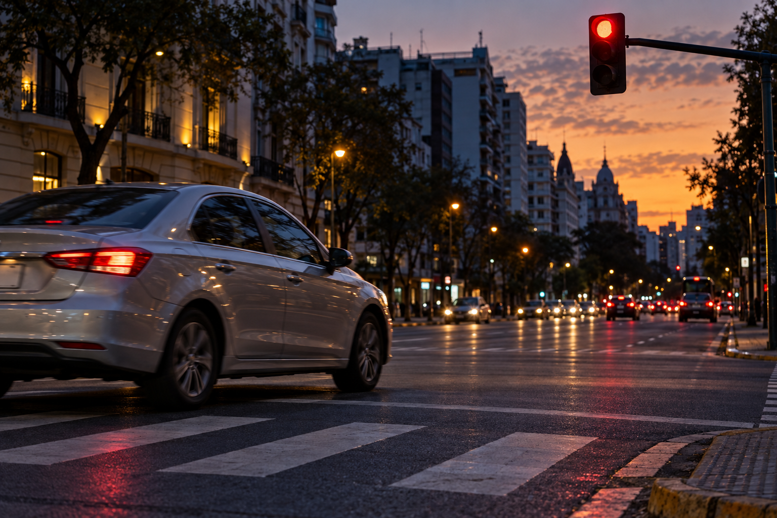 Automóvil cruzando una intersección con un semáforo rojo